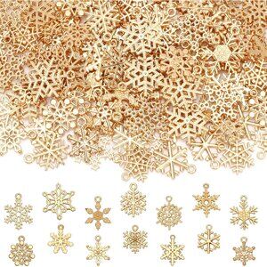 140Pcs Snowflake Charms, Christmas Charms Mixed Alloy KC Gold Snowflake Pendants